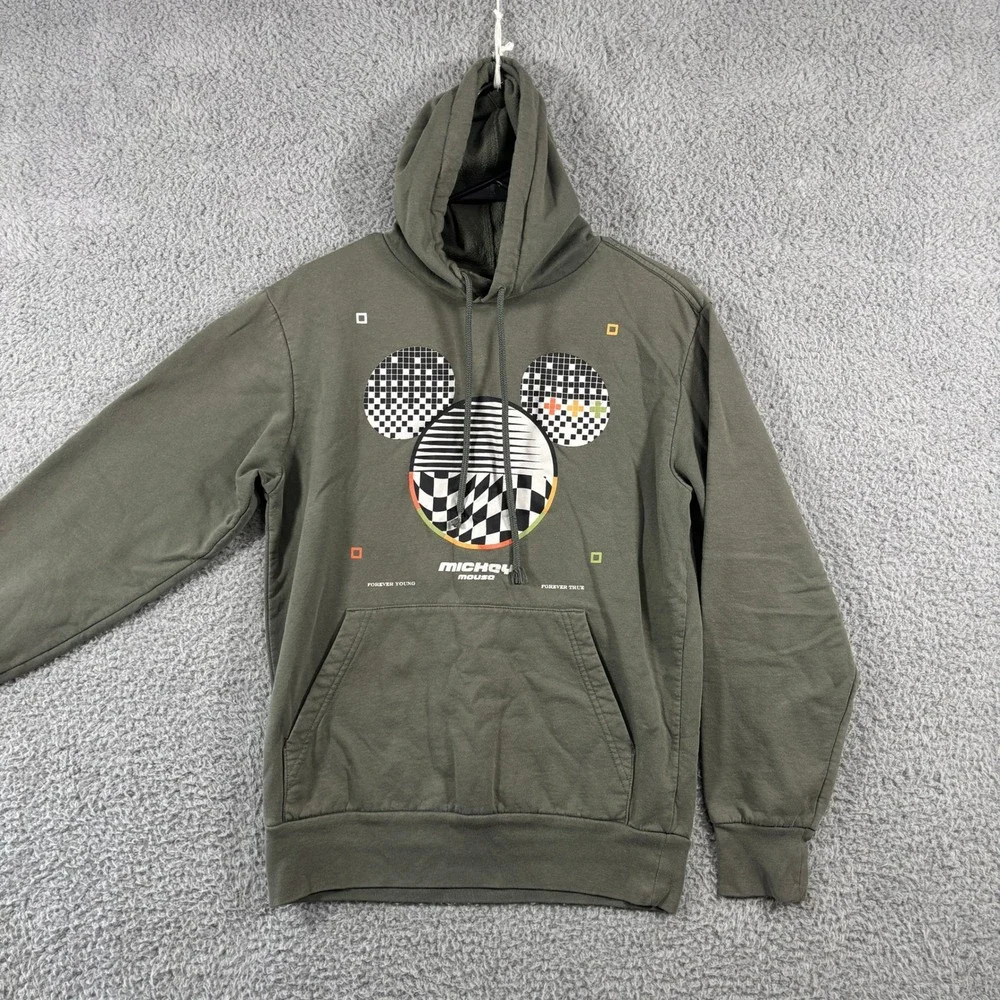 Disney Mickey Mouse Mens Small Olive Green Geometric Graphic Pullover Hoodie S